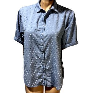 Finley Striped Shirt Size M Blue French Dot Short  Sleeve Button Front